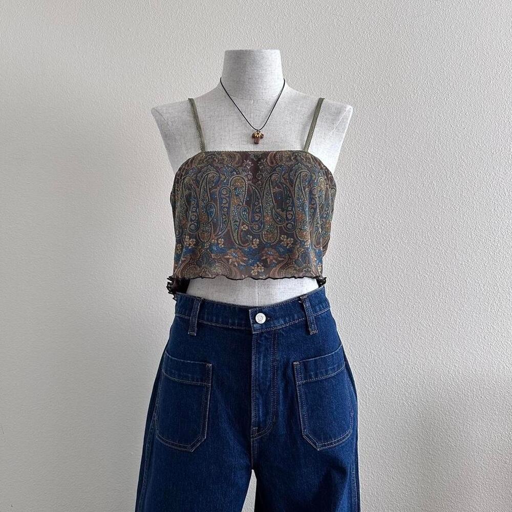 brown blue paisley print mesh camisole